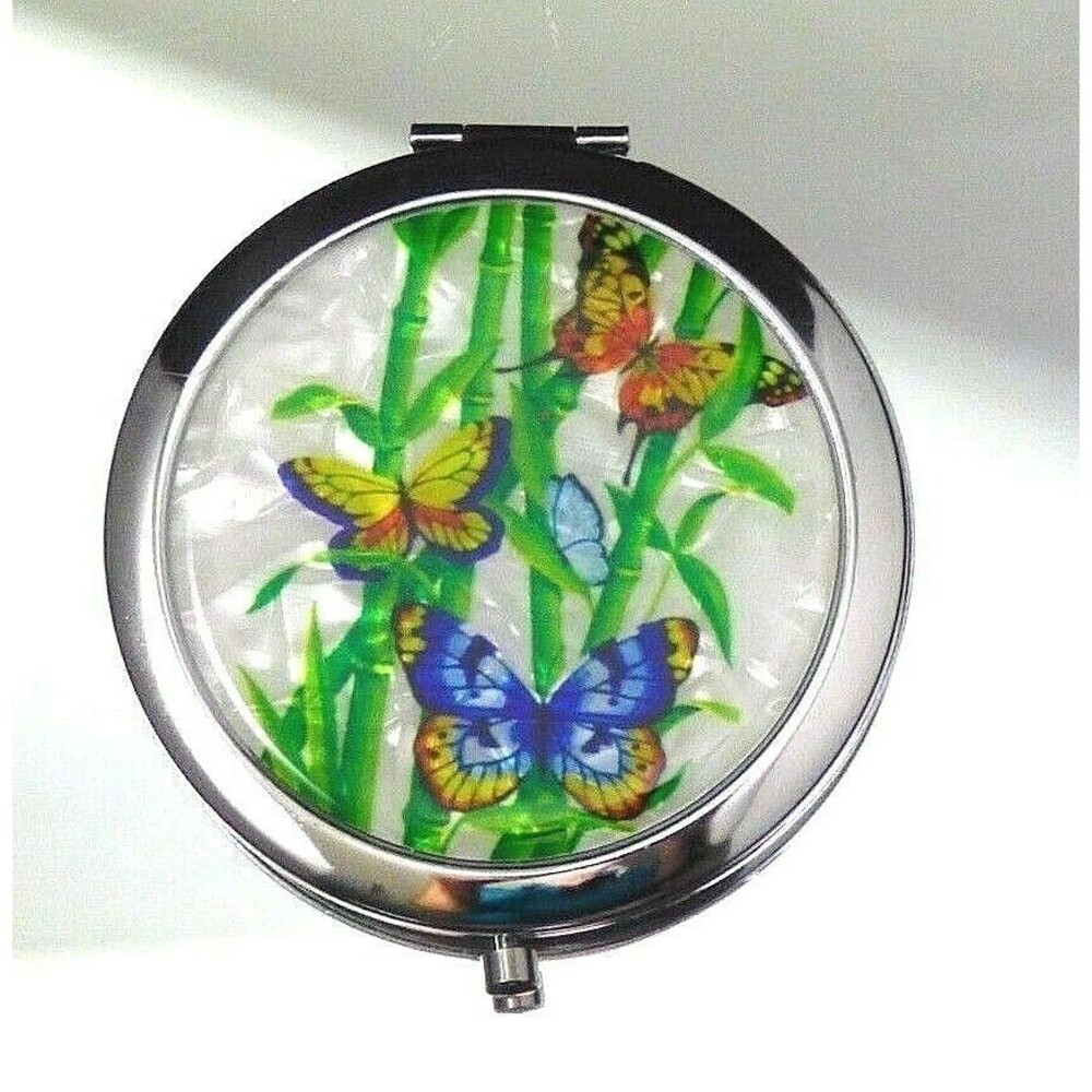 Butterfly Vanity Compact  Mirror Two Sided With Bamboo Silver Tone Magnifying